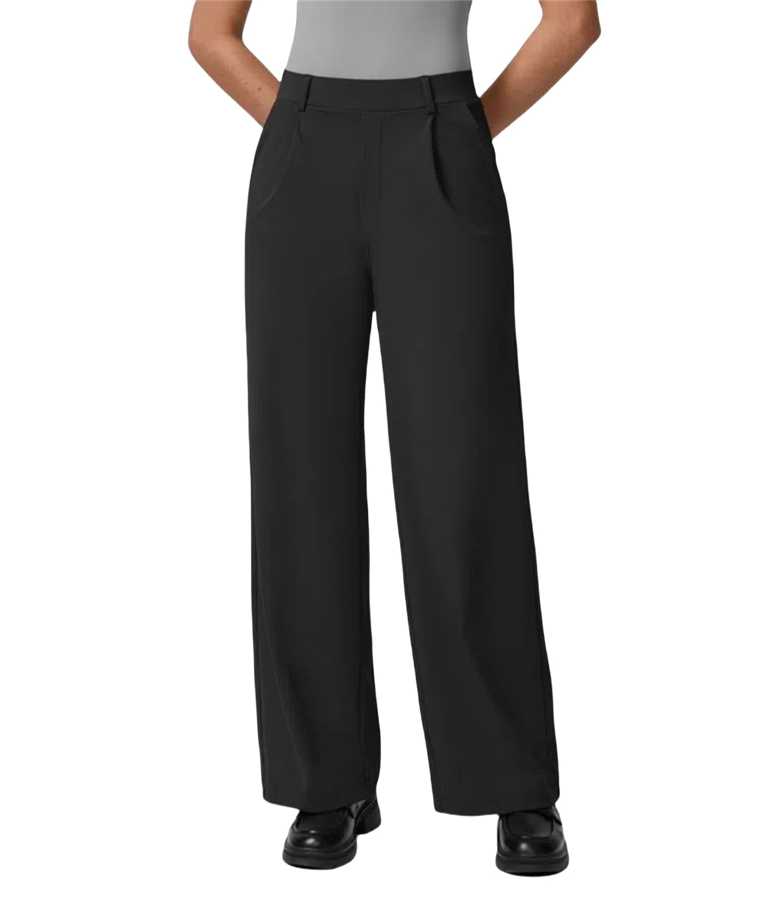 High Waisted Plicated Side Pocket Straight Leg Work Pant for Women Business Casual Waffle Knit Slacks Work Pants
