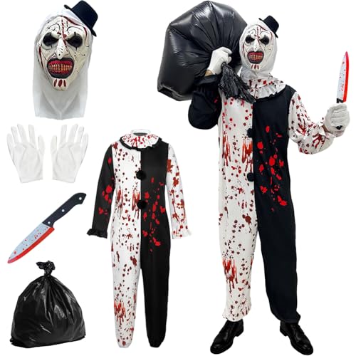 Coffee Life Plus Fato de palhaço de terrifier, disfarce de palhaço Halloween com máscara, luvas, imitação de faca e mochila, disfarce arte de palhaço para festa de terror (criança - L)