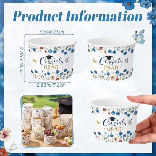 Image of Funnymoom 50 Pack Blue Wildflower Graduation Ice Cream Cups 9 oz Class of 2026 Congrats Grad Disposable Dessert Snack Cups Floral Graduation Paper Soup Bowls for College High School Party Supplies