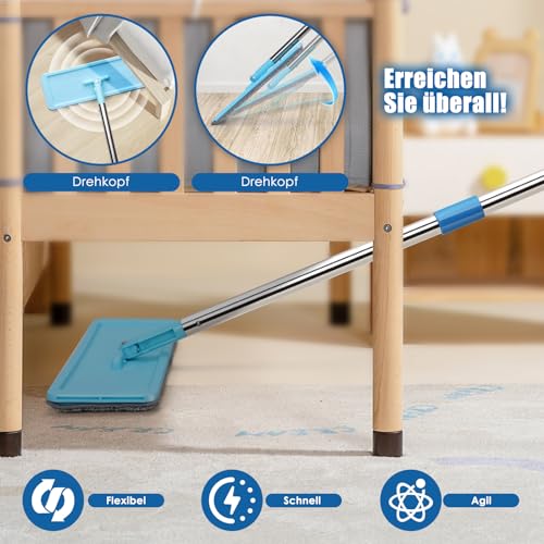 Myiosus Wischmopp Set mit Eimer, Bodenwischer, 2 in 1 Putzeimer mit Wischmop, Flachmopp mit 132cm Edelstahlstil, 360° Drehbarer Wischmopp mit Auswringfunktion für Alle Bodentypen-3X Mikrofaser Pads – Bild 6