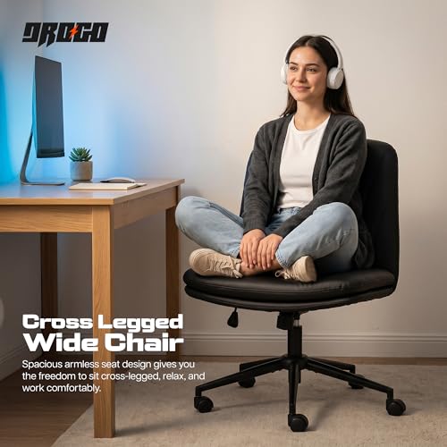 Image of DROGO Zen Cross Legged Office Chair for Work at Home, Pu Leather Accent Chair for Long Hours Sitting Comfort, Armless, Adjustable Height & Tilt Lock Recline | Computer Chair for Home Office(Black II)