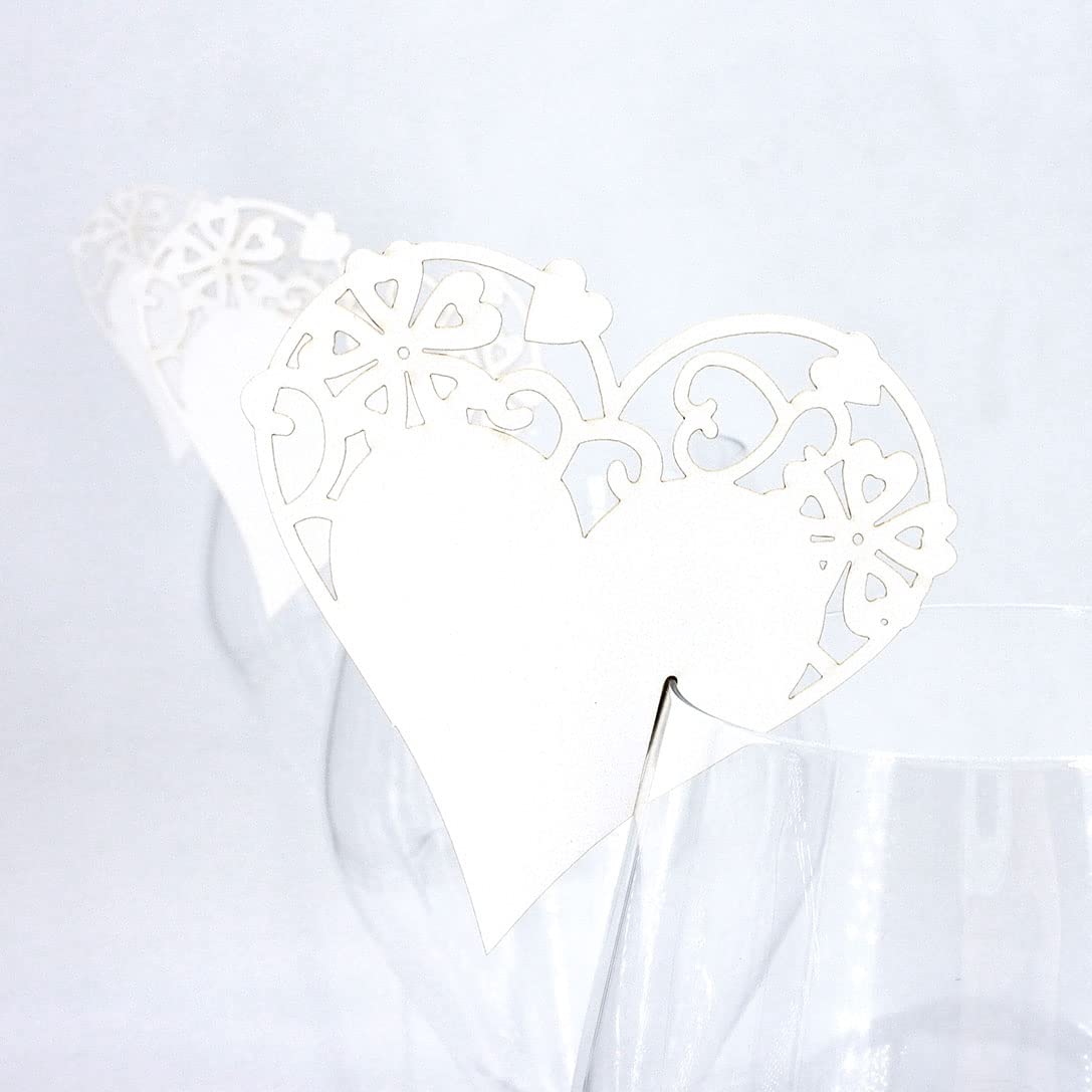 Little Snow Direct White Wedding Party Name Place Cards For Wine Glass Cup Pearlescent Laser Cut - 20Pcs Love Heart