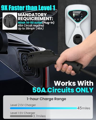 Image of Level 2 EV Charger 48 Amp, 11.5KW 240V Electric Car Charger, NEMA 14-50 Plug, J1772 25' Cable, RFID Card, Smart App (WiFi), Smart Electric Vehicle Charging Stations with UL, ETL Certified EVSE