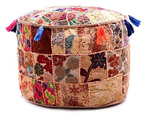 Sophia-Art Indian Embroidered Patchwork Cover Indian Decorative Pouf Indian Comfortable Floor Cotton Cushion Ottoman Pouf,Indian Designs Ethnic Patchwork Pouf (Brown, 18"x13")-image-16