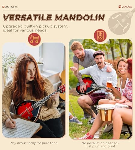 vangoa mandolin musical instrument a style acoustic electric 8 strings mahogany for beginner adults teens red burst