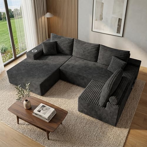 Image of 106 inch Cloud Sectional Couch with Ottoman, Modern U Shaped Corduroy Sofa, Higher 17.7 inch Seat Height, 32D Pure Foam, Built in Cup Holders, No Assembly Required (Dark Gray, Left Facing Chaise)