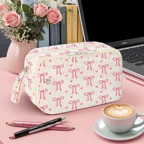 Image of WOBAGMEN Cute Pencil Case,Large Corduroy Zippered Pencil Case Pouch, aesthetic Pencil Bag with Compartments, Pencil Pouch School Supplies (pink bow)