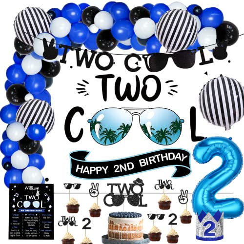 109 PCs Two Cool Birthday Party Decorations Hombae Blue and Black 2nd Birthday Decorations For Boys Backdrop Balloon Garland Arch Banner Cake Cupcake Topper Crown Poster Blue Black