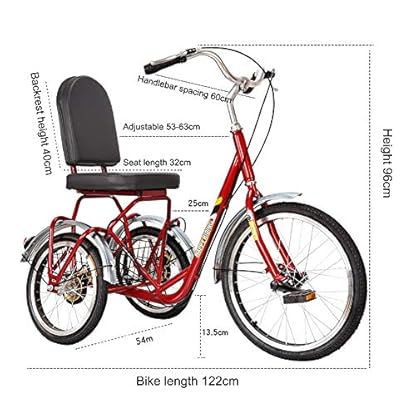 ZCXBHD Klein Dreirad Für Erwachsene Single Speed Pedal 3 Rad Fahrrad 20 Zoll Comfort Cruiser Trikes Zum Senioren Mit Einkaufen Korb Übung Herren Damen Rot – Bild 3