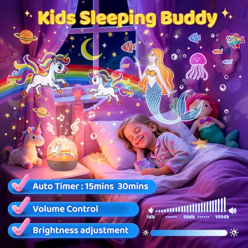 Unicorn Girls Toys Night Light Projector | 15 Films & 15 Soothing Sounds & 7 Colors & Remote Control | Kids Night Light Projector, Sensory Lights Baby Toys for Girls Baby Girls Gifts for Girl Age 3-5