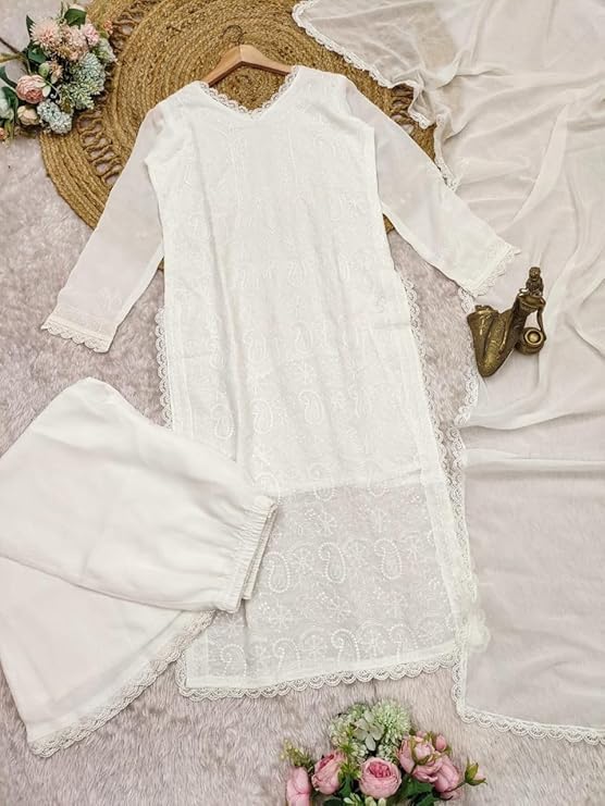 Image of Women's Chikankari Embroidered 3 Piece Suit Set in Faux Georgette - Long Gown Style Kurta with Lining with Dupatta