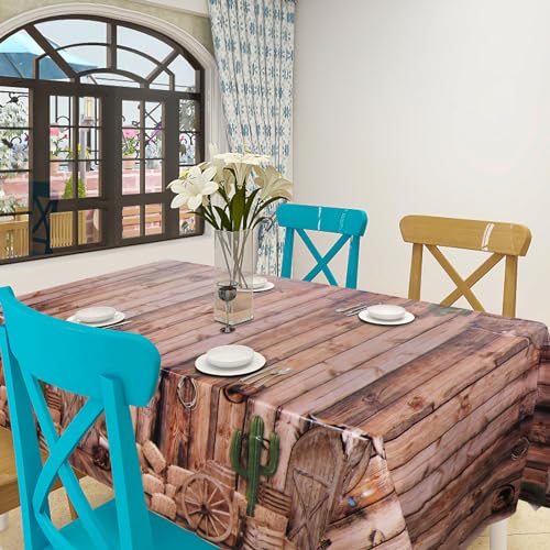 Image of 3 Pack Western Party Tablecloths, 54 x 108 Inch Disposable Plastic Western Cowboy Table Cover for Rustic Farmhouse, West Wooden House, Western Theme Birthday Decorations Outdoor Indoor Party Supplies