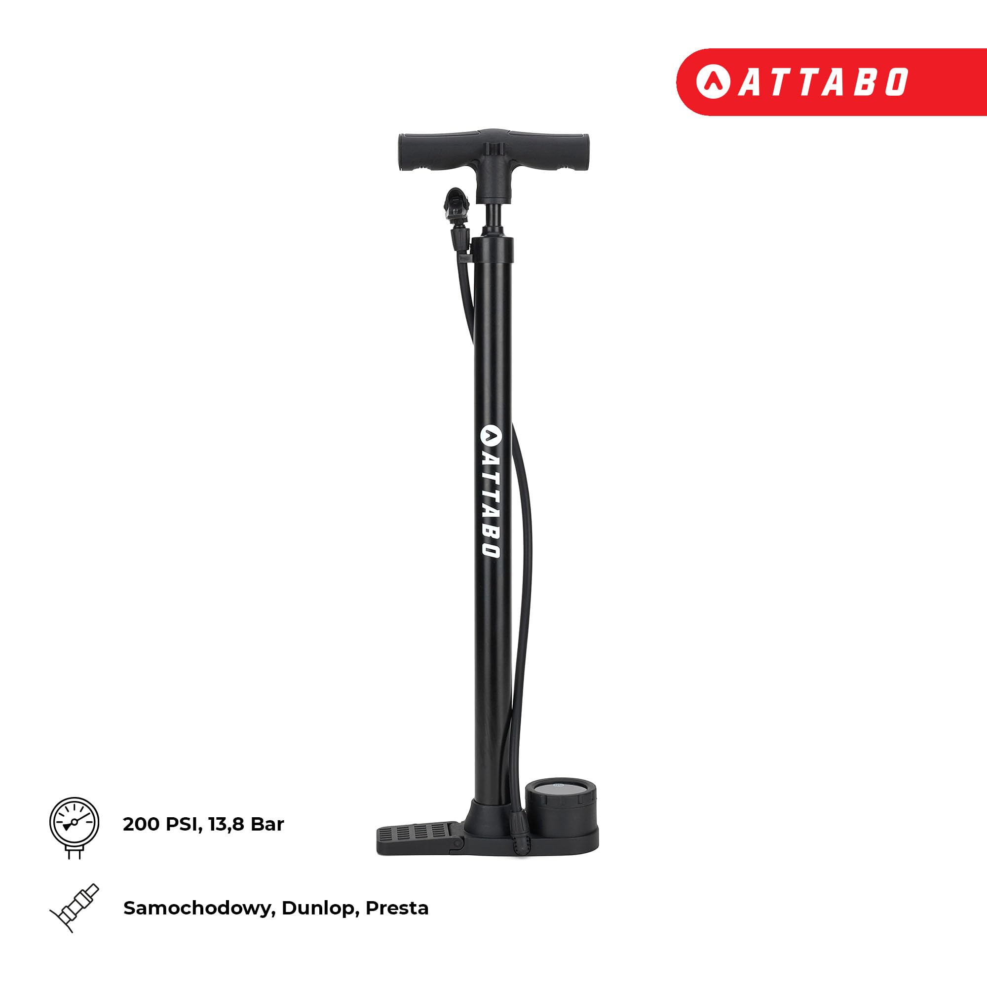 ATTABO WP.1 pompa stojąca z manometrem cyfrowym LCD do 160 psi/11 bar – pompka rowerowa z uniwersalną głowicą do Presta, Schrader i Dunlop – stabilna podstawa, ergonomiczny uchwyt, wąż 500 mm