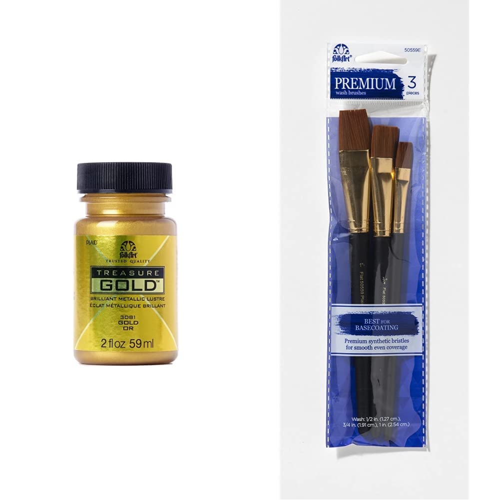 FolkArt Gold Assorted Easy to Apply DIY Crafts, Art Supplies with A Metallic Finish Treasure Paint 2 Fl Oz 59 Ml (Pack of 1) & Plaid Nylon Brush Set, 50559 Brown (3-Piece)