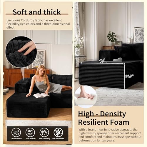 Image of 140 inch Oversized No Assembly Compression Boneless Cloud Sectional Couches for Living Room, L-Shape Comfy Fluffy Sleeper Sofa Bed, Modular Corduroy Reclining Memory Foam Furniture for Bedroom Home Black