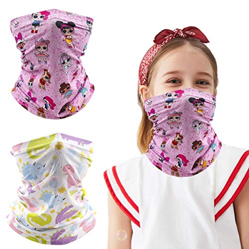 Kids Neck Gaiter Balaclava, Face Cover Bandana, Mask Toddler Half Face Protective Reusable Infinity Scarf, Headwear for Softball. Gifts for Girls. Pink Baby White Dinosaur