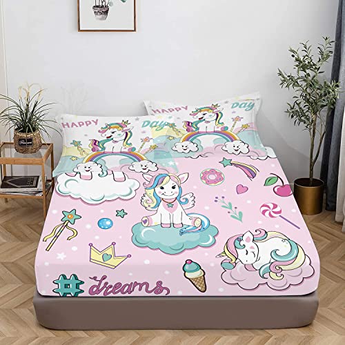 Nsr Kids Unicorn Bed Sheets Set Twin Size 3D Colorful Rainbow Unicorns Sheet Set Luxury Soft Microfiber Single Sheets, 2Pcs (1 Deep Pocket Fitted Sheet+1 Pillowcases)… #TOP2
