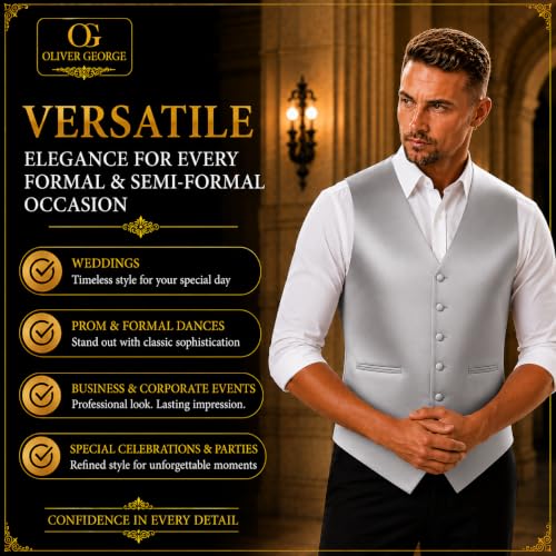 Image of Oliver George 4pc Men's Solid Formal Suit Waistcoat Tuxedo Dress Vest Necktie Bowtie Handkerchief Set for Suit or Tuxedo