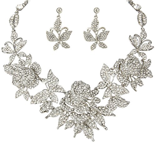 EVER FAITH Austrian Crystal Enamel Butterfly Rose Flower Leaf Necklace Earrings Set Clear Silver-Tone