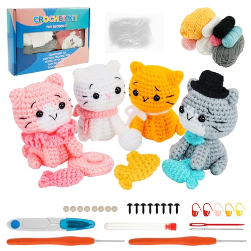 Reviews de Kits para tejer con aguja de lengüeta Top 10. 50 LCZNXJJY - Kit de 4 piezas de ganchillo para principiantes, kit de manualidades de tejer para gatos, divertido juego de ganchillo con accesorios y tutorial para adultos y niños