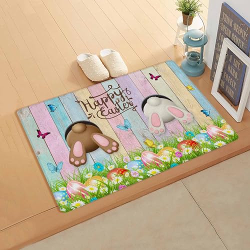 Easter Bunny Butt Kitchen Bath Door Mat Cushioned Runner Rug,Washable Welcome Floor Sink Antifatigue Mat,Waterproof & Non-Slip Comfort Standing Doormat,Rainbow Woograin Egg Daisy Flower 18