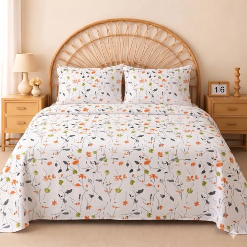 Image of IVAZA 240 TC Soft Ezyption Cotton Floral Print King Size Bedsheet - with 2 Pillow Covers, Hypoallergenic, Brethable, (Size- 90 x 90 Inch) White Orange
