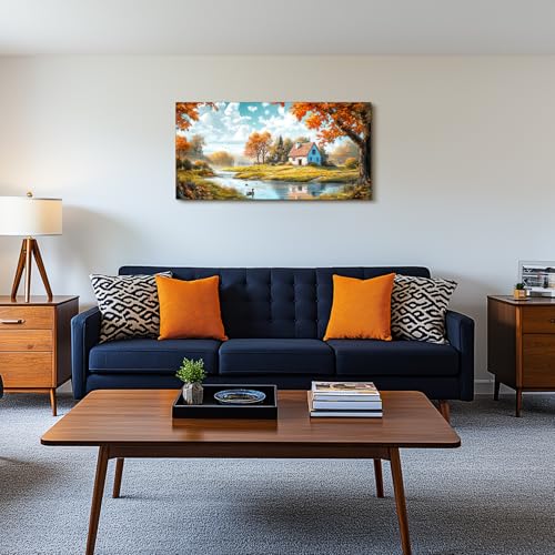 SERIMINO Nature Landscape Wall Art, Lakeside Farmhouse Canvas Large Artwork, Autumn Forest Cottage Scenic Wall Prints, Rustic Pictures Wall Decor Living Room Bedroom Bathroom Kitchen 20"X40"