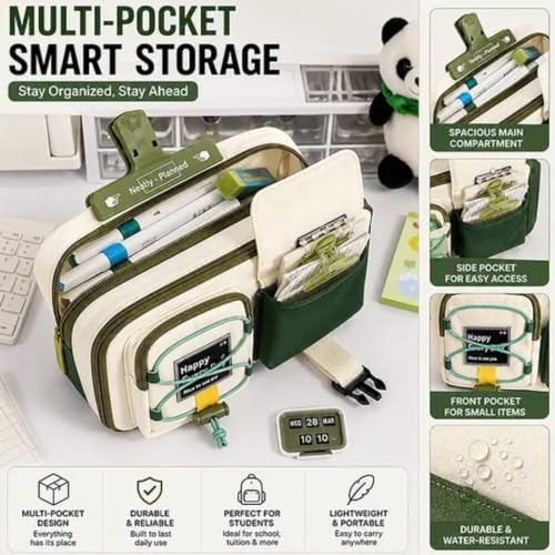 Image of Multi-Compartment Pencil Pouch, Large Capacity Pen Case | Canvas pencil pouch with zipper and buckle pocket, spacious storage for school, office and travel essentials.