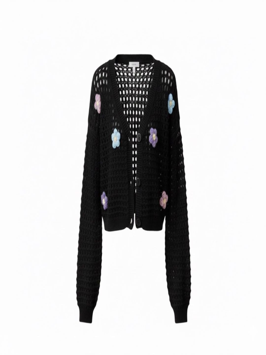 Light Blue Open Knit Cardigan with Floral Embroidery, Button Front, Long Sleeve-image-43