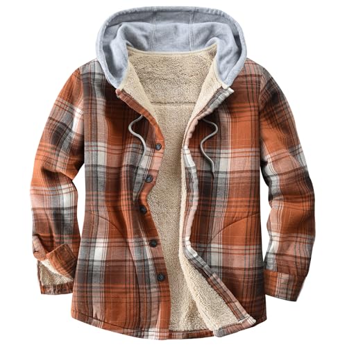 Image of Men's Cotton Plaid Shirt Jacket Fleece Flannel Sherpa Button Down