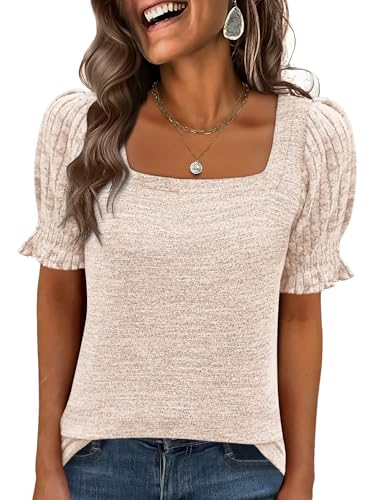 ANRABESS Womens Tops Summer Sweaters Dressy Casual Work Blouses Square Neck Ruffle Short Sleeve Tee Shirts 2026 Fashion Tunic Parchment Small