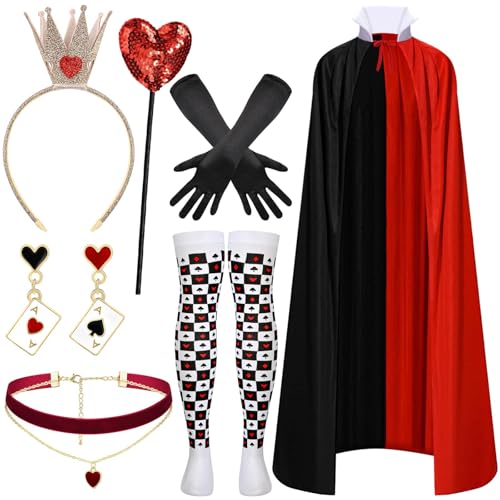Kavoc 8 Pcs Queen Outfit Include Black Red Cape Crown Headband.Earrings Necklace Wand Gloves and Socks for World Book Day Dress Up