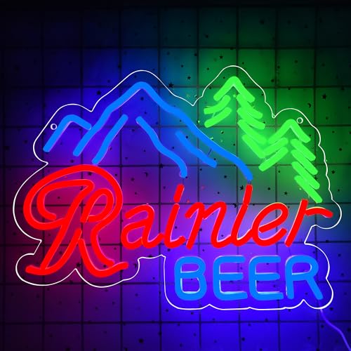 Image of Beer Neon Sign for Wall Decor Bar Led Neon Light Rainiier Beer Light up Sign for Man Cave Led Neon Sign for Bedroom,Bar,Pub,Bistro,Shop,Party,Gifts USB Powered Size16.1 * 11.5in(ZYLD180)