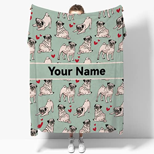 ARAHANT Personalized Pug Blanket with Name for Girl and Boy, Cute Pug Custom Text Throw Blanket, Good Birthday Gift, 50