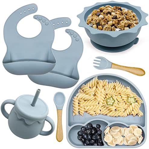 Mishall Baby Feeding Set – 10-Pcs Baby Heavy-Duty Supplies Set with Suction Plates, Bowls, Fork, Spoon, Baby Bibs – Food-Grade Silicone Utensil Set – Self-Feeding Supplies for Babies and Toddlers-Blue