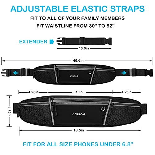 Anbeko Running Belt For Men Women With Extender, Large Capacity Runner Waist Pack With 4 Pockets,Hiking Travel Camp Running Workout Belt Bag,Reflective No Bounce Waist Bag,Easy Carry Large Phones (Black) #TOP1