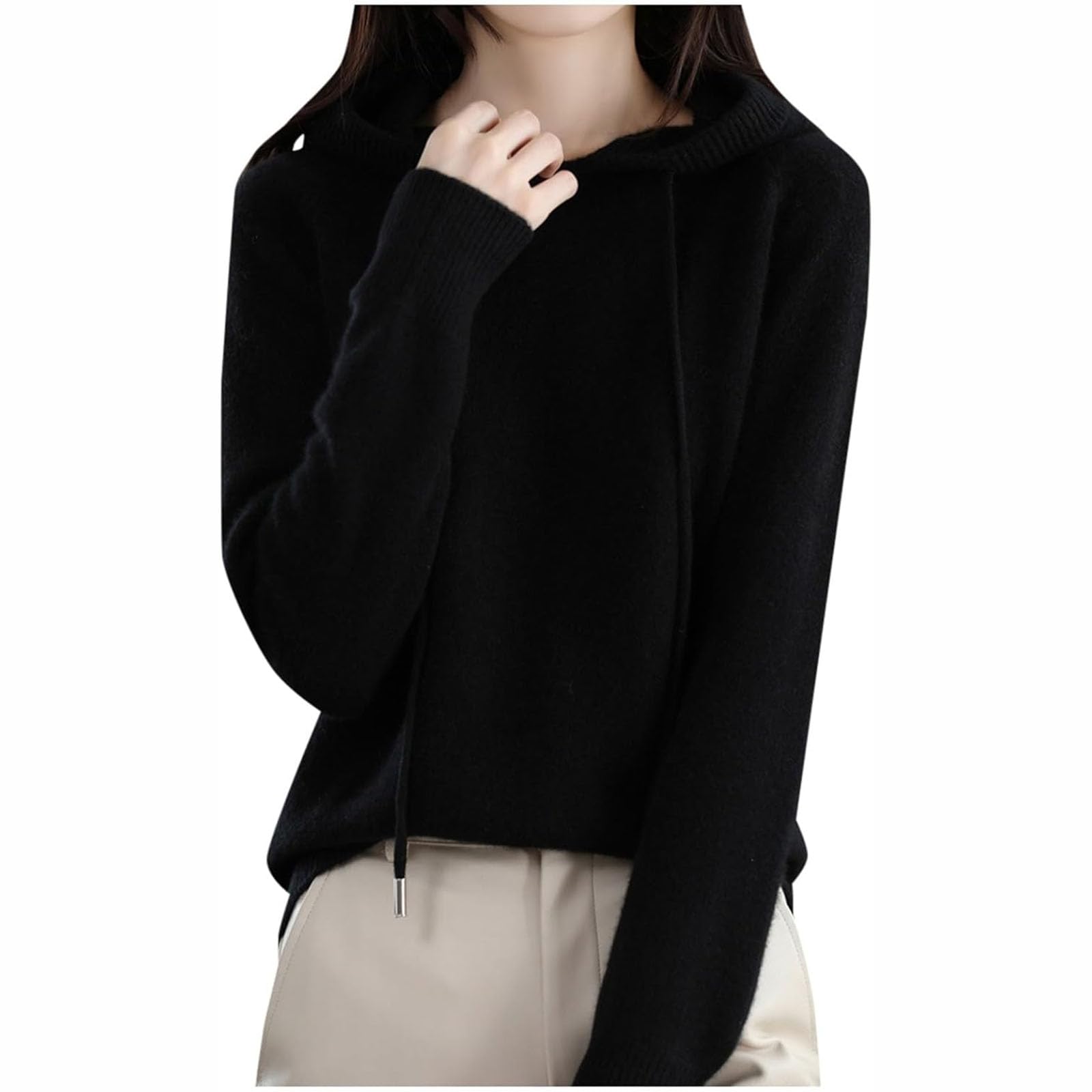 Womens Cashmere Sweater with Hooded Cashmere Long Sleeve Hoodies Sweaters Long Sleeve Crew Neck Soft Warm Pullover