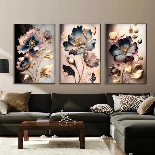 Peinture sur toile salon KEBIA triptyque floral pour mur sans cadre