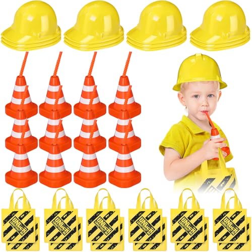 Hillban 36 Pcs Construction Birthday Party Supplies Set Kids Construction Dress up Kit Including 12 Hat, 12 Tote Bag and 12 Traffic Cone Cups for Construction Birthday Dress up Party Decorations
