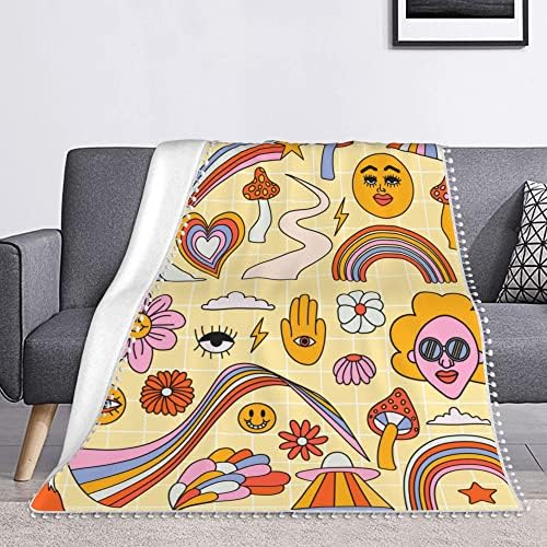 Retro 70S Throw Blanket with Pom Poms Tassel Graphic Decorative Hipster Cool Groovy Warm Bed Blanket Soft Fuzzy Blanket for Couch Sofa(Retro Hipster Cool Groovy,60x50Inch)