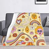 Retro 70S Throw Blanket with Pom Poms Tassel Graphic Decorative Hipster Cool Groovy Warm Bed Blanket