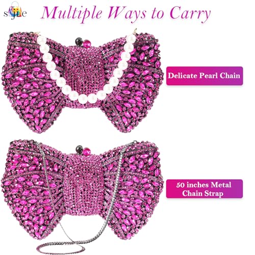 Image of Handmade Inlay Rhinestone Bow Clutch Bag for Women, Sparkling Evening Party Wedding Purse with Detachable Pearl Chain