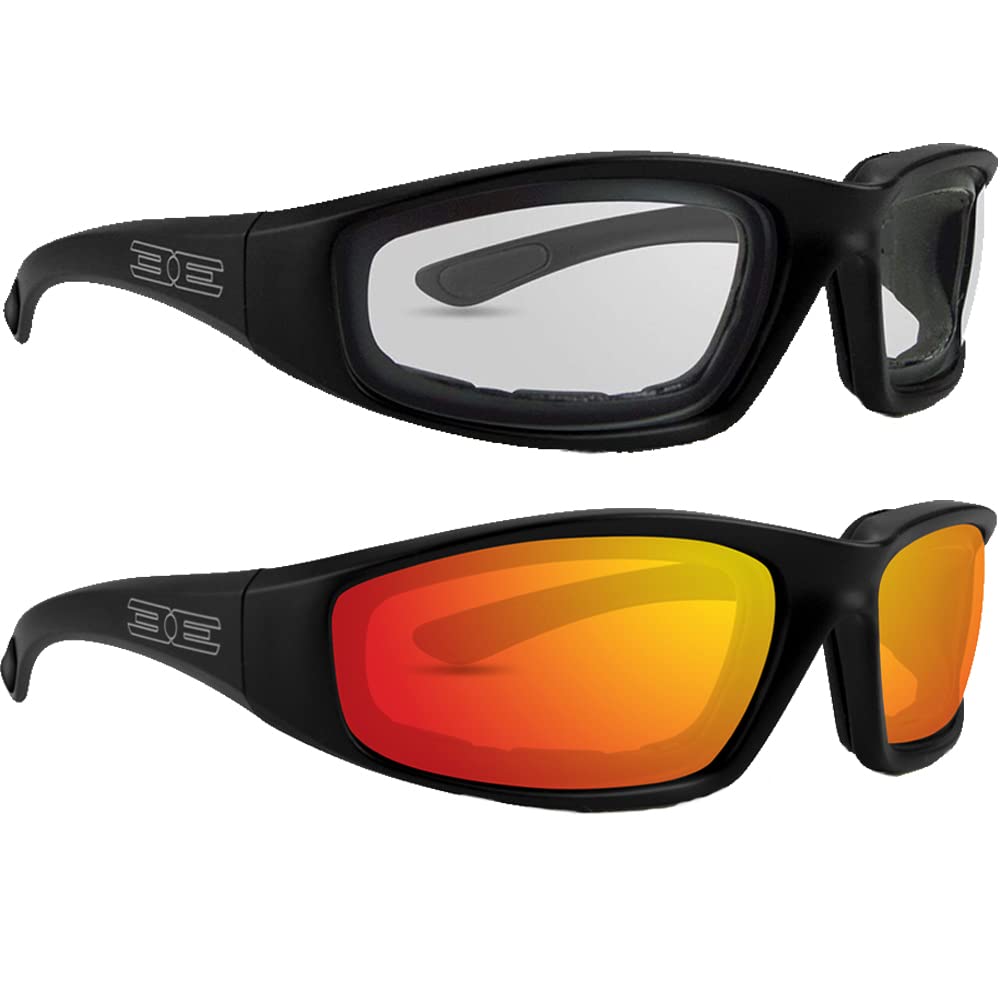 Epoch Eyewear Foam Padded Motorcycle Sunglasses 2 Pair Black Frames w/Clear & Red Mirror Lens