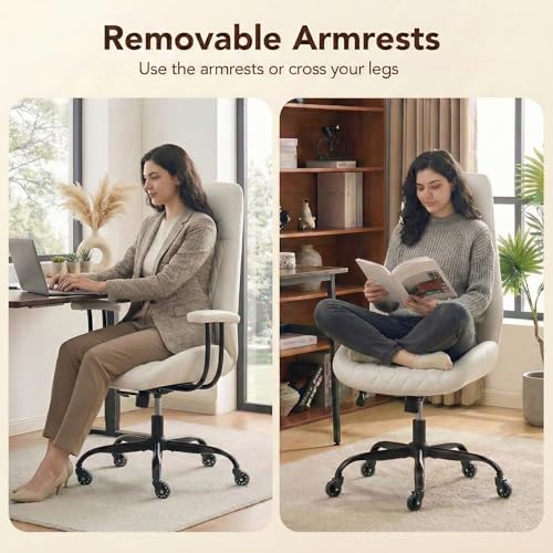 Image of E-Motie Office Chair with Rubber Wheels, Ergonomic Computer Chair 500 lbs, Leather Desk Chair with Lumbar Support, Executive Chair Adjustable Height & Recline, White