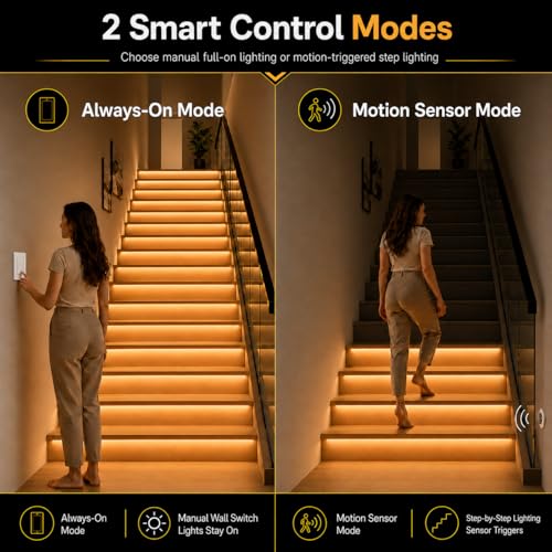 Image of KMG-3233 Motion-Activated LED Stair Lighting Kit with Wall Switch, 42 inch Long Cuttable LED Strip Light for Indoor LED Stair Lights (Warm White 3000K, 12 Stairs)