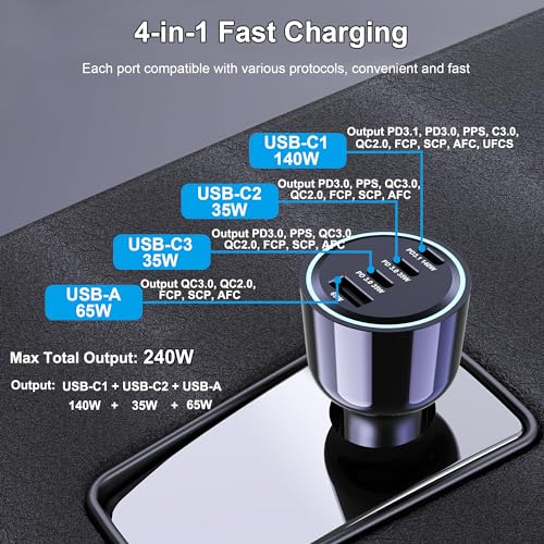 Image of 240W USB C Car Charger, Super Fast Charging 4-Ports PD3.1 140W /PD3.0 100W PPS 45W QC65W Type-C Car Adapter for MacBook Pro Laptop iPhone 16 15 Max iPad Samsung Galaxy S24 /23 Pixel etc