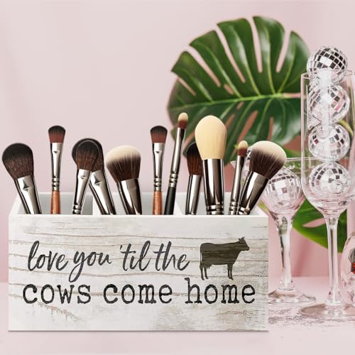 Image of Funny Cow Wooden Pen Pencil Holder for Office Desk Accessories, Cow Lover Gifts, Love You 'Til the Cows Come Home Makeup Brush Toothbrush Holder Organizer for Bathroom