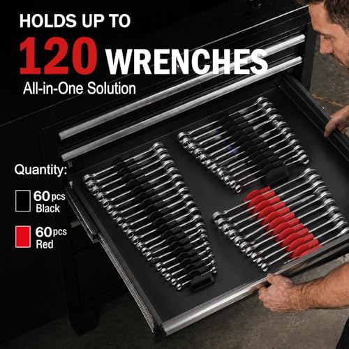 Image of EGOVO 120 pcs Modular Wrench Organizer for Tool Drawers (Black & Red) | Large Capacity Wrench Holder with Metric & SAE Labels, Gift for Mechanics, Father and Boyfriend