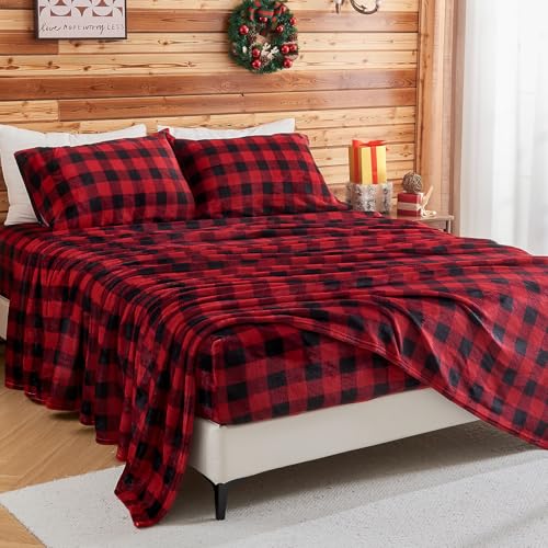 Image of BEDELITE Flannel Sheets Queen Size Bed Set, Luxury Red and Black Plaid Christmas Bedding Set, Super Soft & Warm Fuzzy Fleece Sheets 4 Piece(Include Fitted Sheet, Flat Sheet, 2 Pillowcases)