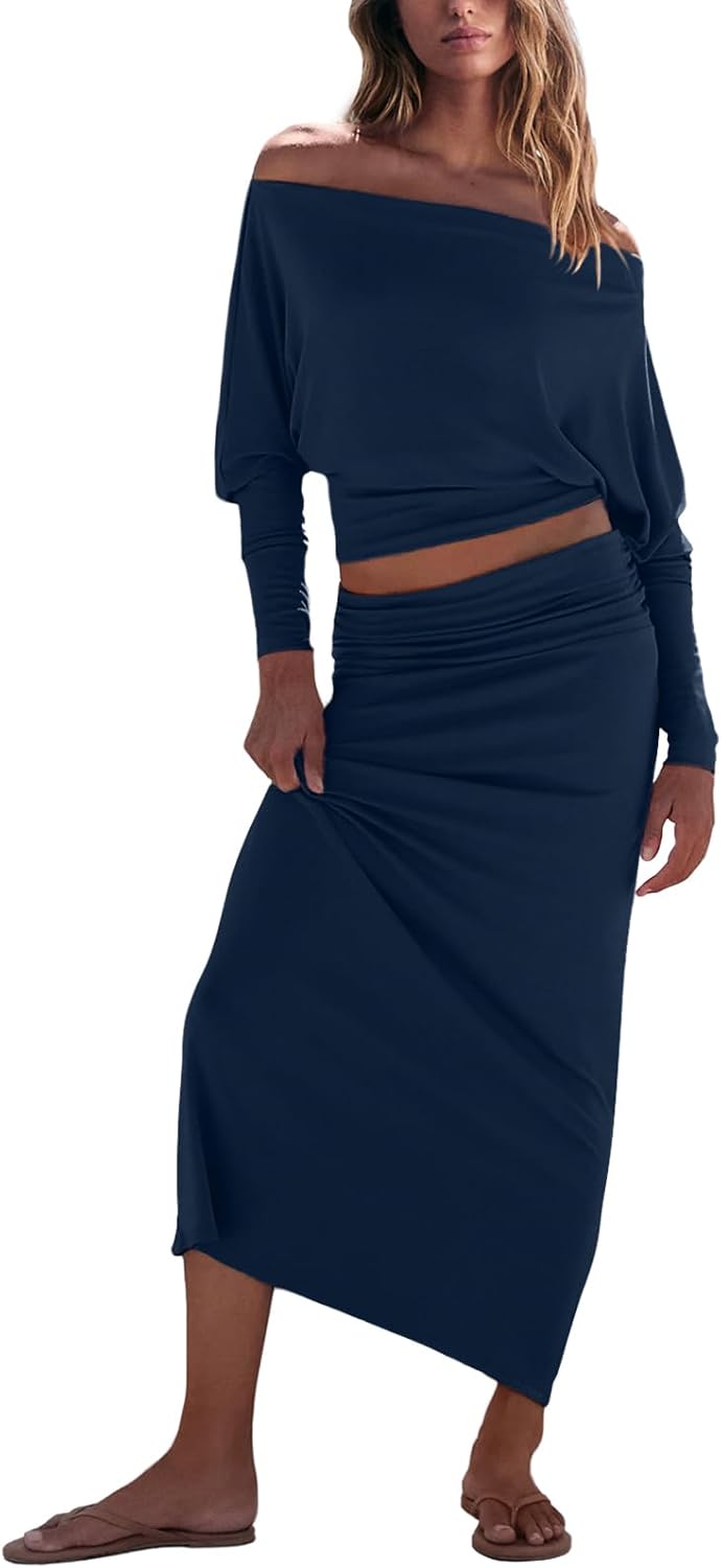 UNIANKIYA 2 Piece Skirt Sets For Women Size XS-L Casual Off Shoulder Batwing Long Sleeve Tops and Maxi Skirt Vacation Outfits